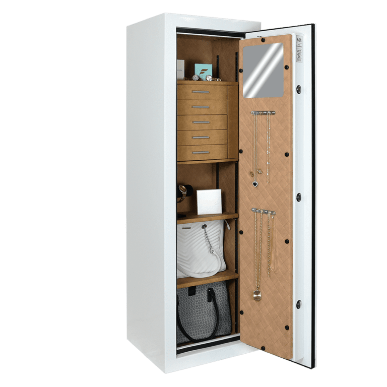 Close-up of velvet-lined pull-out drawers inside the American Security JS5517 Jewelry Safe