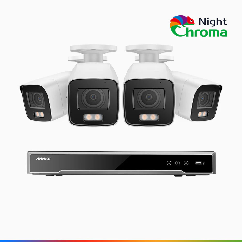 Annke NightChromaTM NCK800 – 4K 8 Channel 4 Cameras PoE Security System, f/1.0 Super Aperture, Color Night Vision, 2CH 4K Decoding Capability, Human & Vehicle Detection, Intelligent Behavior Analysis, Built-in Mic, 124° FoV, All-Metal Housing