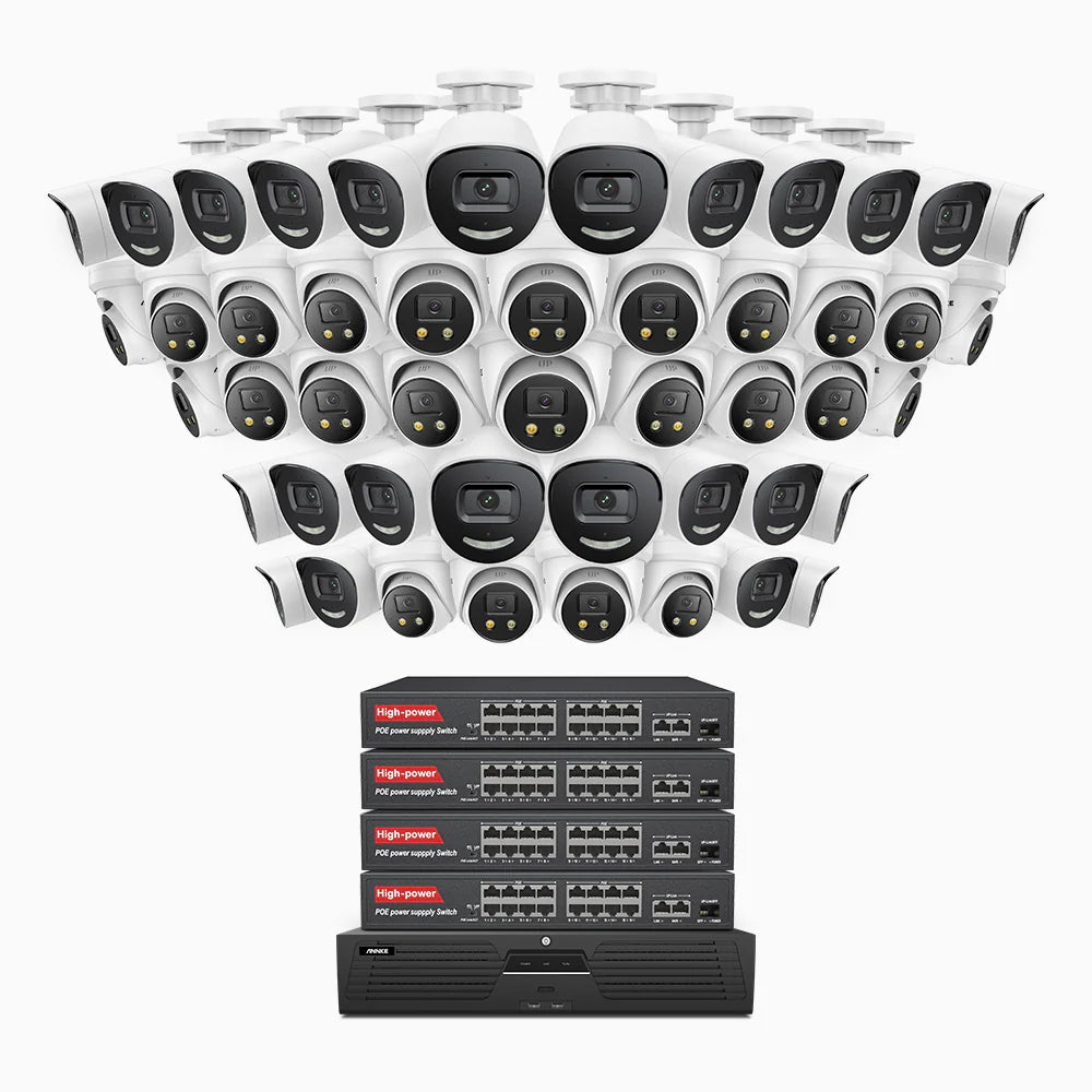 ANNKE H800X - 4K 64 Channel PoE Security System with 24 Bullet & 24 Turret Cameras, 1/1.8'' BSI Sensor, f/1.6 Aperture (0.003 Lux), Siren & Strobe Alarm,Two-Way Audio, Human & Vehicle Detection, Perimeter Protection, Works with Alexa, All-Metal Housing