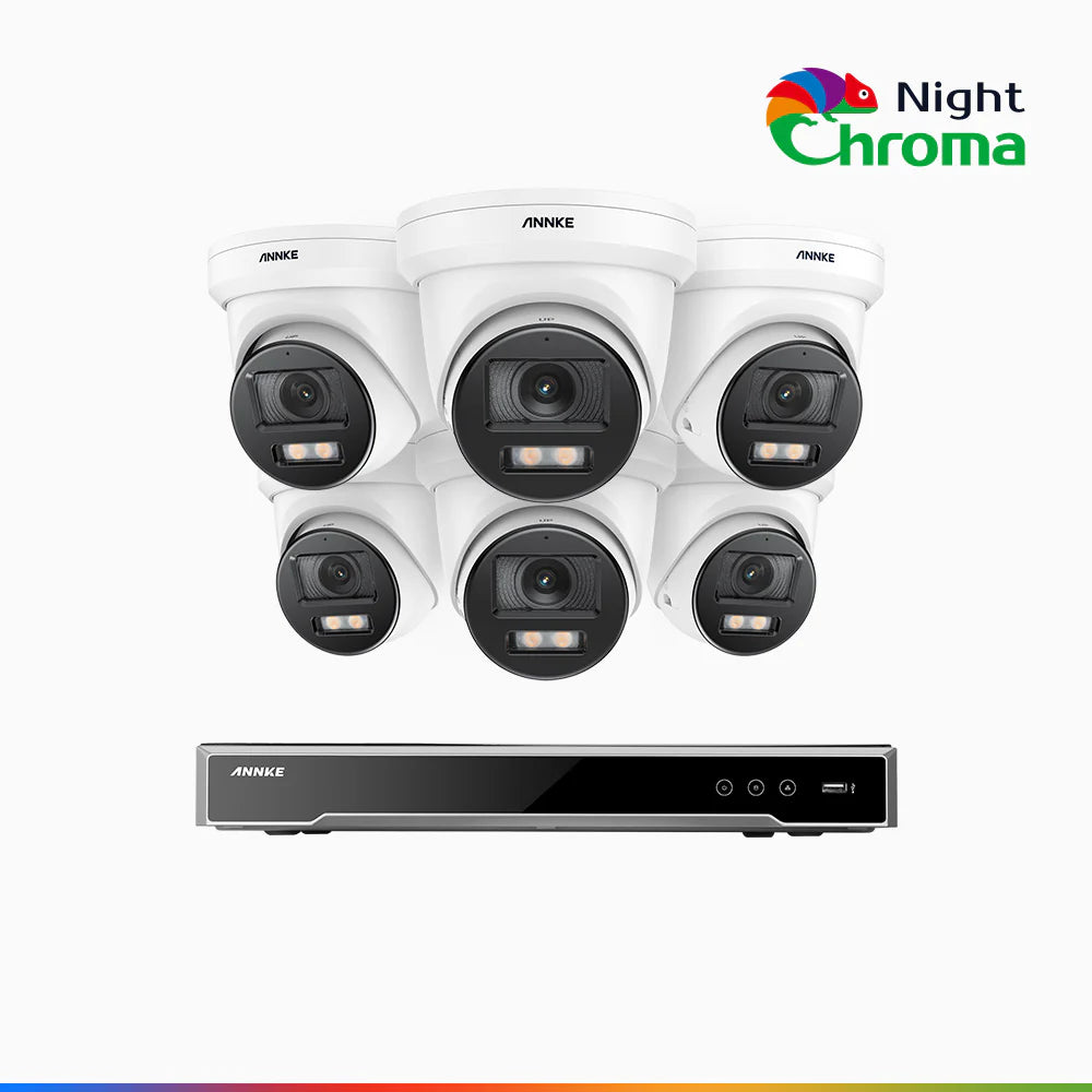 ANNKE NightChromaTM NCK800 – 4K 16 Channel 6 Cameras PoE Security System, f/1.0 Super Aperture, Color Night Vision, 2CH 4K Decoding Capability, Human & Vehicle Detection, Intelligent Behavior Analysis, Built-in Mic, 124° FoV, All-Metal Housing