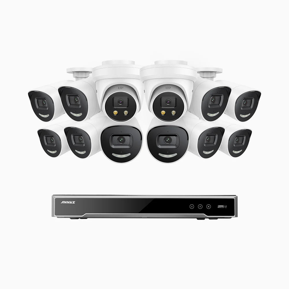 ANNKE H800X - 4K 16 Channel PoE Security System with 10 Bullet & 2 Turret Cameras, 1/1.8'' BSI Sensor, f/1.6 Aperture (0.003 Lux), Siren & Strobe Alarm,Two-Way Audio, Human & Vehicle Detection, Perimeter Protection, Works with Alexa, All-Metal Housing