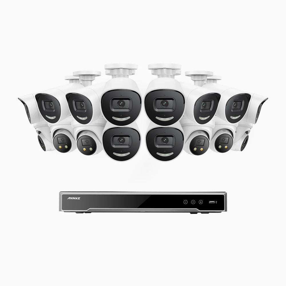 ANNKE H800X - 4K 16 Channel PoE Security System with 10 Bullet & 6 Turret Cameras, 1/1.8'' BSI Sensor, f/1.6 Aperture (0.003 Lux), Siren & Strobe Alarm, Two-Way Audio, Human & Vehicle Detection, Perimeter Protection, Works with Alexa, All-Metal Housing