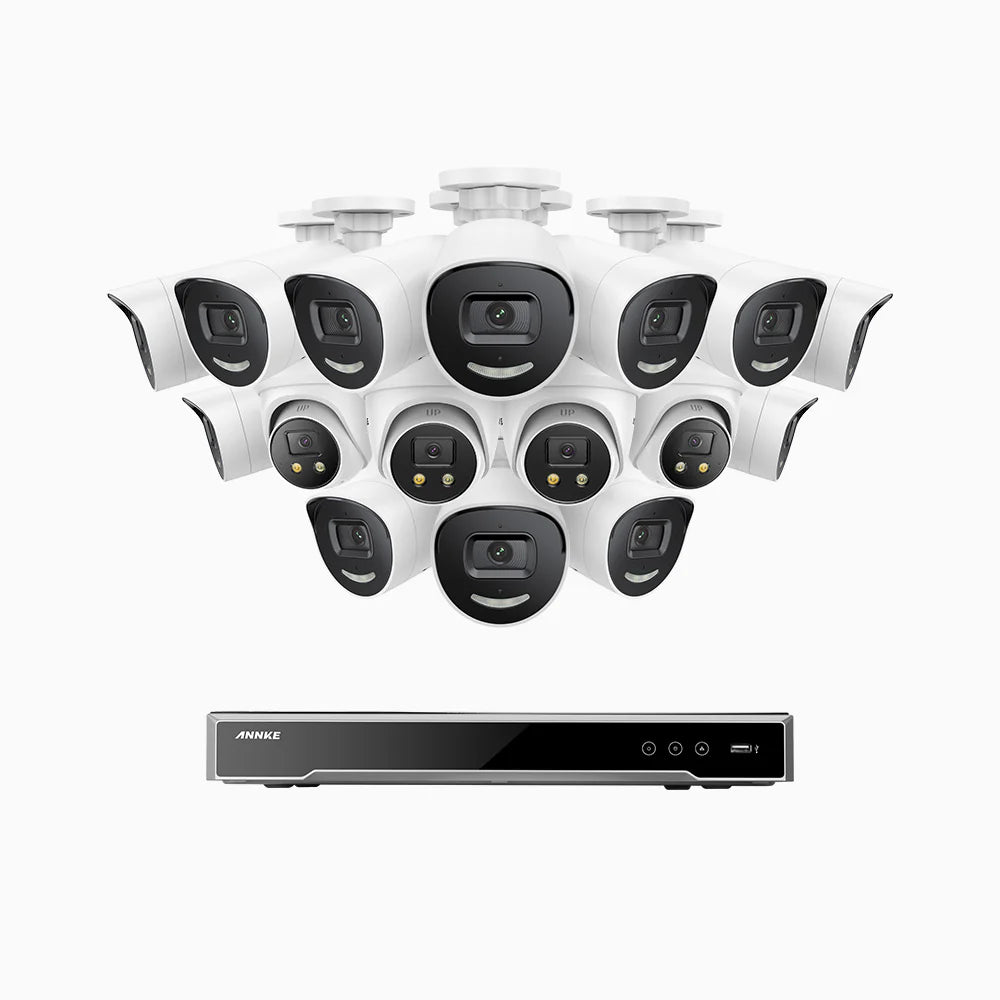 ANNKE H800X - 4K 16 Channel PoE Security System with 12 Bullet & 4 Turret Cameras, 1/1.8'' BSI Sensor, f/1.6 Aperture (0.003 Lux), Siren & Strobe Alarm,Two-Way Audio, Human & Vehicle Detection, Perimeter Protection, Works with Alexa, All-Metal Housing