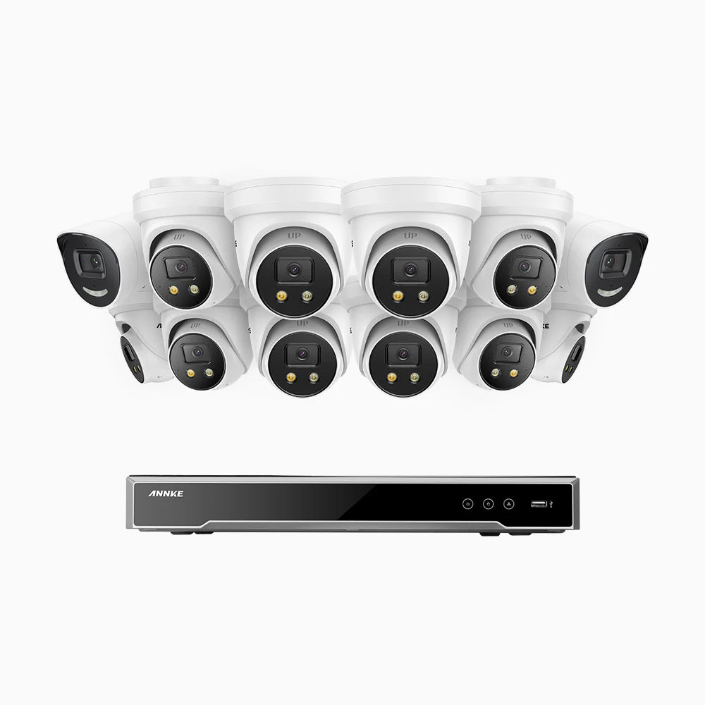 ANNKE H800X - 4K 16 Channel PoE Security System with 2 Bullet & 10 Turret Cameras, 1/1.8'' BSI Sensor, f/1.6 Aperture (0.003 Lux), Siren & Strobe Alarm,Two-Way Audio, Human & Vehicle Detection, Perimeter Protection, Works with Alexa, All-Metal Housing
