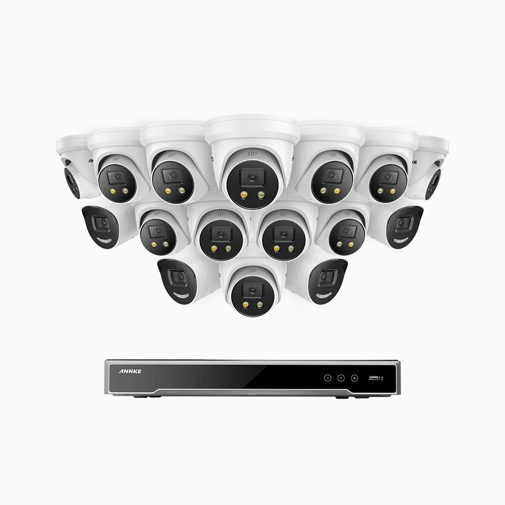 ANNKE H800X - 4K 16 Channel PoE Security System with 4 Bullet & 12 Turret Cameras, 1/1.8'' BSI Sensor, f/1.6 Aperture (0.003 Lux), Siren & Strobe Alarm,Two-Way Audio, Human & Vehicle Detection, Perimeter Protection, Works with Alexa, All-Metal Housing