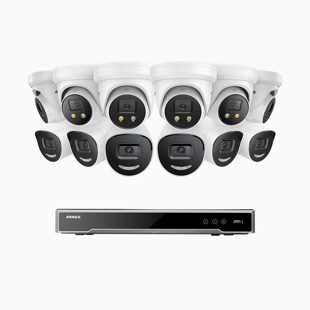 ANNKE H800X - 4K 16 Channel PoE Security System with 6 Bullet & 6 Turret Cameras, 1/1.8'' BSI Sensor, f/1.6 Aperture (0.003 Lux), Siren & Strobe Alarm,Two-Way Audio, Human & Vehicle Detection, Perimeter Protection, Works with Alexa, All-Metal Housing