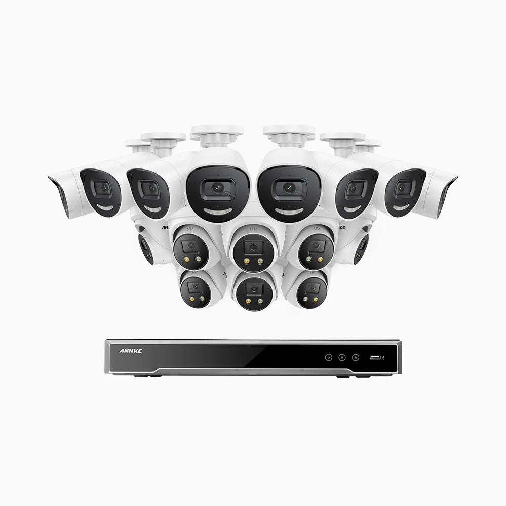 ANNKE H800X - 4K 16 Channel PoE Security System with 8 Bullet & 8 Turret Cameras, 1/1.8'' BSI Sensor, f/1.6 Aperture (0.003 Lux), Siren & Strobe Alarm,Two-Way Audio, Human & Vehicle Detection, Perimeter Protection, Works with Alexa, All-Metal Housing