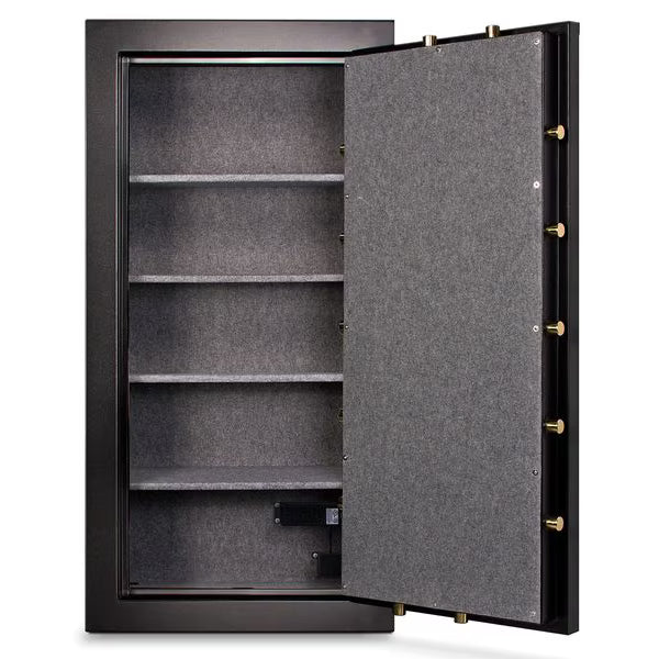 Mesa Safe MBF5922E burglary-fire gun safe with electronic lock, black steel finish
Fire-resistant gun safe MBF5922E, 14 rifle capacity, black powder-coated exterior
Mesa Safe MBF5922E secure gun storage safe, 59-inch height, electronic keypad lock
Burglary-resistant gun safe MBF5922E with upholstered interior and adjustable shelves
Compact steel gun safe MBF5922E, 1-hour fire rating, black finish