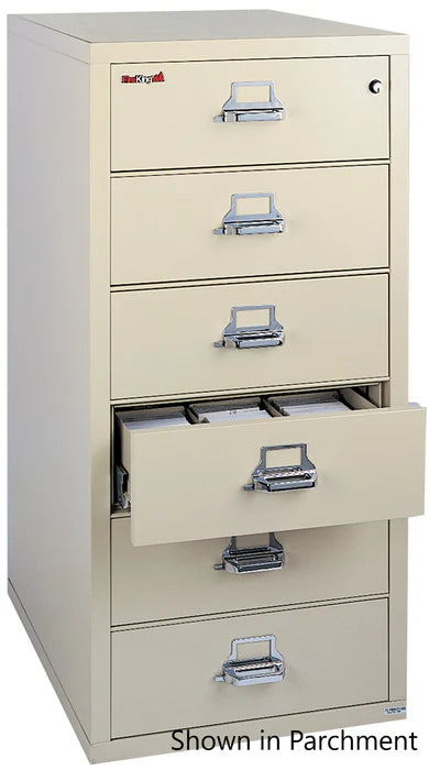 FireKing 1-Hour Fire Rated Card, Check & Note File Cabinet – 4-Drawer model in platinum finish
FireKing 6-Drawer fireproof file cabinet with drawers open showing card and check storage compartments
Close-up of FireKing UL-rated fire label and key lock on fireproof steel filing cabinet drawer
FireKing 1-Hour fire-rated filing cabinet placed in office setting for secure record storage
Side view of FireKing 1-Hour Fire Rated File Cabinet showing fire-resistant steel construction
FireKing fireproof 4-drawe