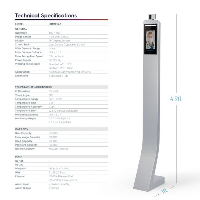 Amcrest Thermal Body Temperature Monitoring Kiosk, 1920 x 1080p, 2-Megapixel, 7in LCD Display, HTR7213-B