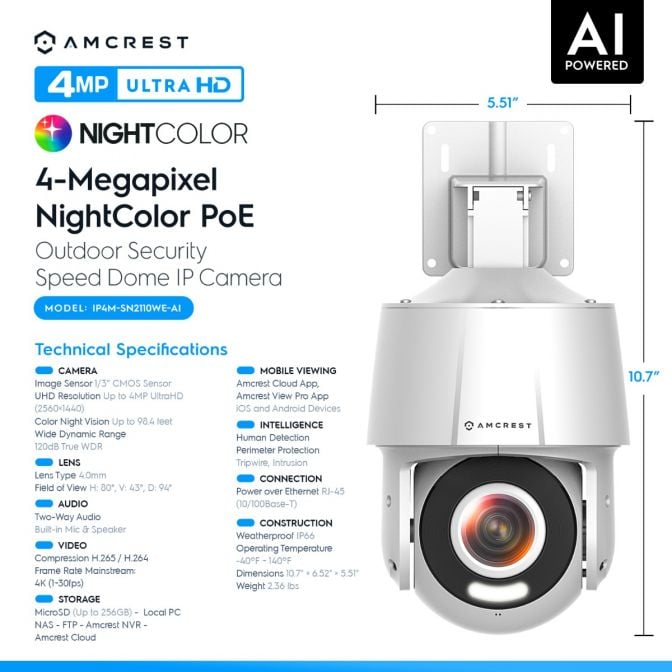 Amcrest 4MP Outdoor PT POE AI IP Camera Pan Tilt Security Speed Dome, Human Detection, Tripwire & Intrusion, POE (802.3at) IP4M-SN2110EW-AI