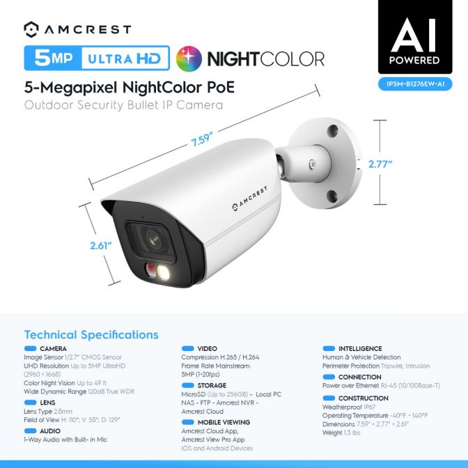 Amcrest 5MP Security Camera System, 4K 8CH PoE NVR, (4) x 5-Megapixel Night Color Bullet POE IP Cameras, Active Deterrent, Pre-Installed 2TB Hard Drive