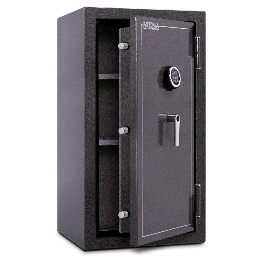 Mesa Safe MBF3820 burglary and fire resistant safe with electronic lock, steel construction
MBF3820 2-hour fire rated safe, burglary-resistant design, charcoal gray finish
Mesa Safe MBF3820 secure storage safe, electronic keypad lock, heavy-duty steel body
Burglary and fire safe MBF3820 with upholstered interior and adjustable shelving
Mesa Safe MBF3820 large capacity safe, 40-inch height, 22-inch width, 22-inch depth
MBF3820 Mesa Safe with reinforced door, multiple locking bolts, and anchor-ready desi