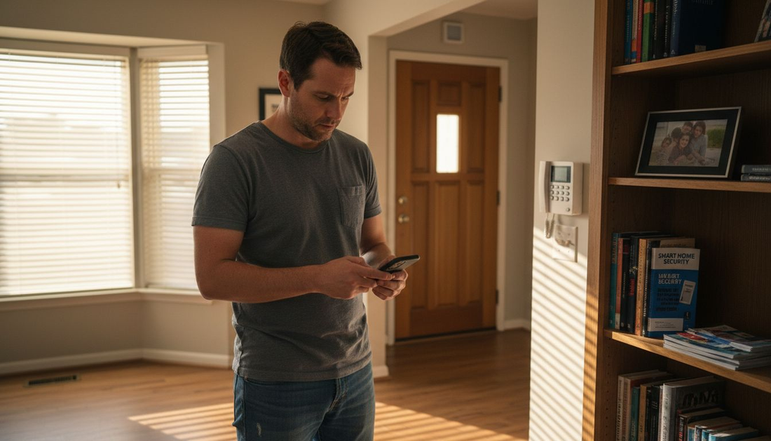 Homeowner checking security alert in living room