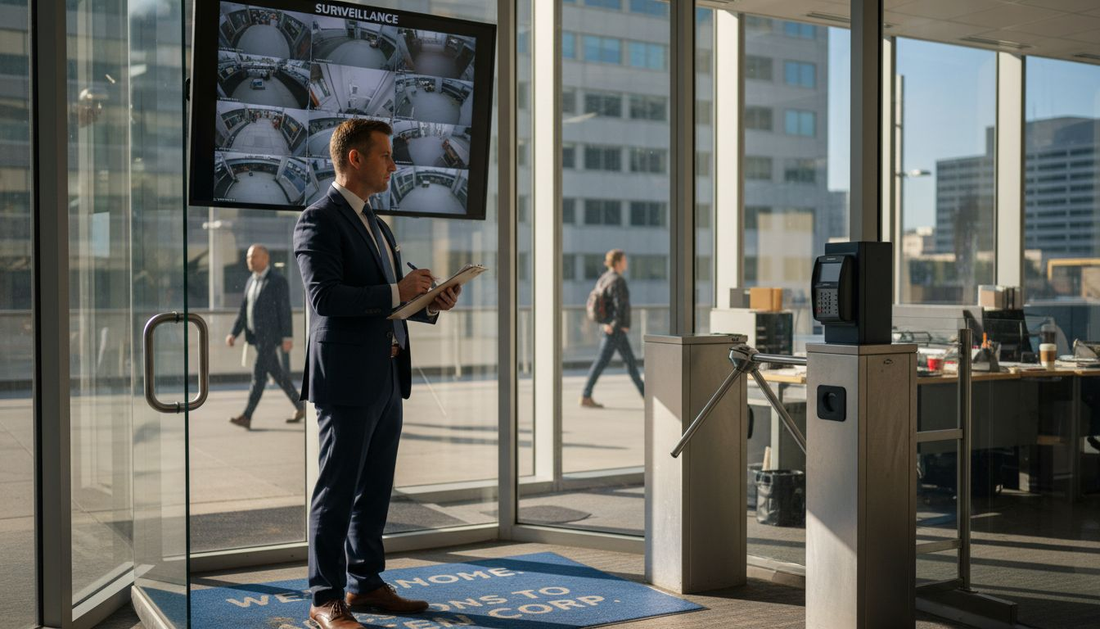 Security manager monitoring office entrance feeds