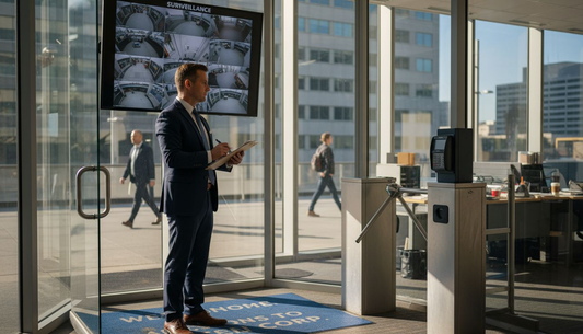 Security manager monitoring office entrance feeds