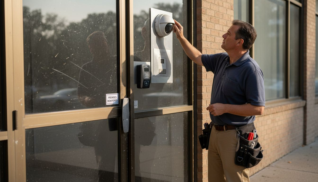Building manager checks security hardware at entrance