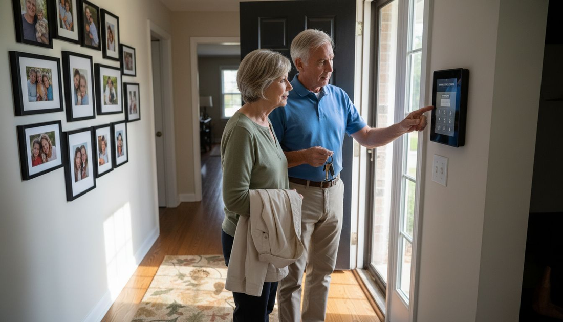 Couple using home security system control panel