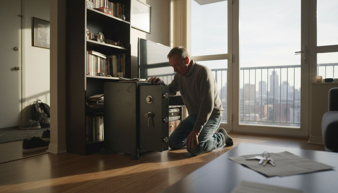 Urban homeowner securing valuables in steel safe