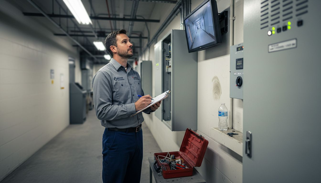 Technician assessing security system components