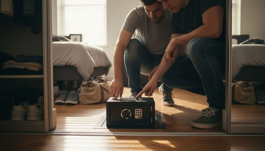 Couple examining secure safe in apartment closet