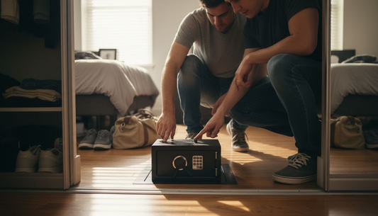Couple examining secure safe in apartment closet