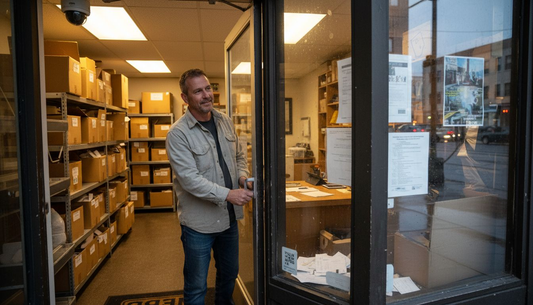 Owner locking business front door at dusk