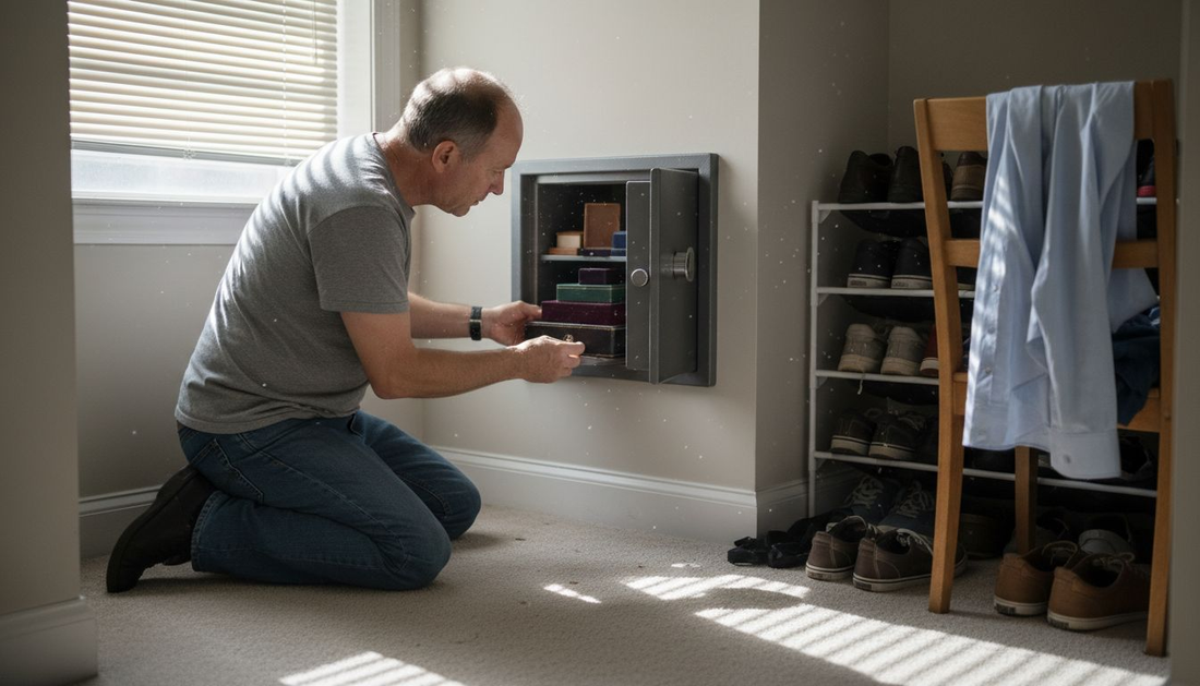 Man placing valuables in closet security safe