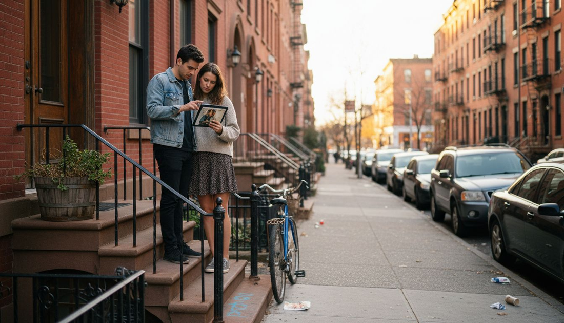Urban homeowners checking home security on stoop