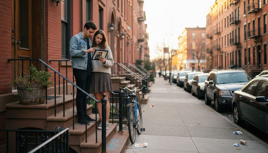 Urban homeowners checking home security on stoop