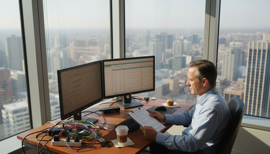 Manager reviewing security audit checklist in office
