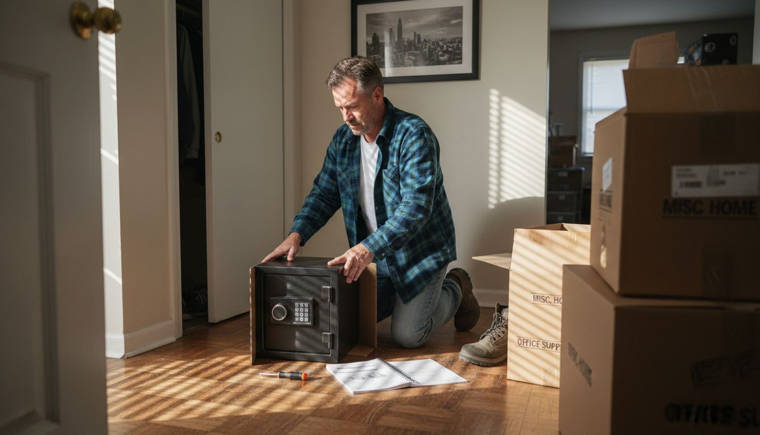 Man installing safe in urban apartment entryway