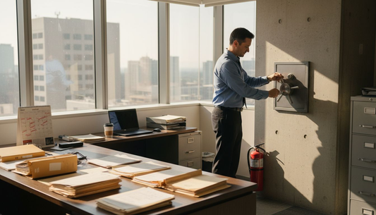 Manager unlocking steel safe in office