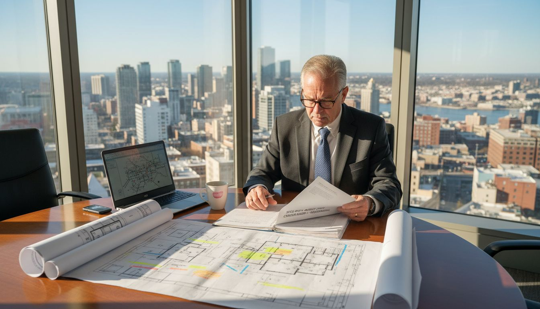 Security consultant reviews audit report in bright office