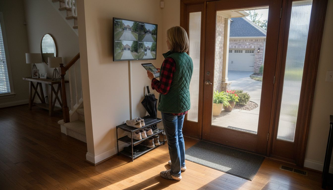 Homeowner checks residential security monitor in entryway