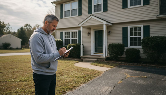 Homeowner inspecting house for security vulnerabilities