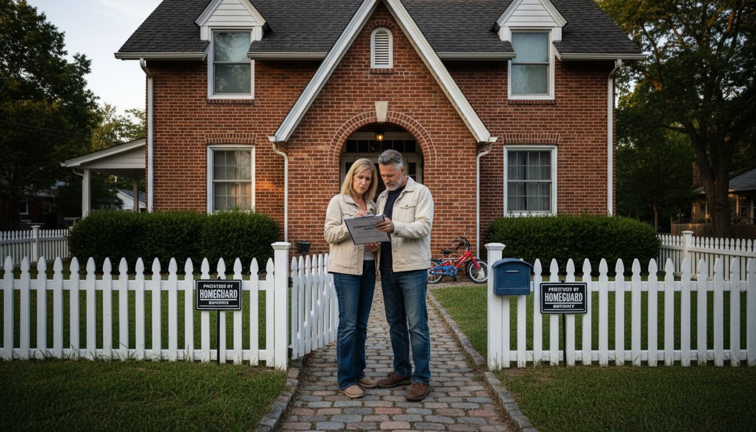 Couple reviewing security in front yard