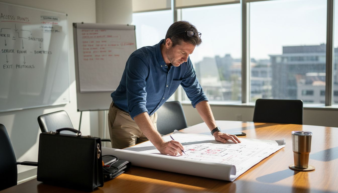 Security consultant reviewing office floor plans