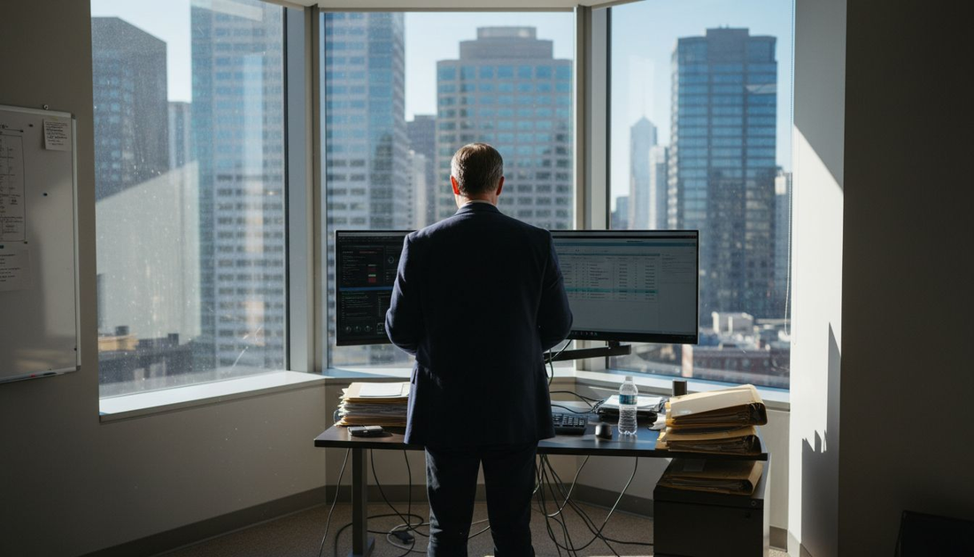 IT manager monitoring security dashboard in office