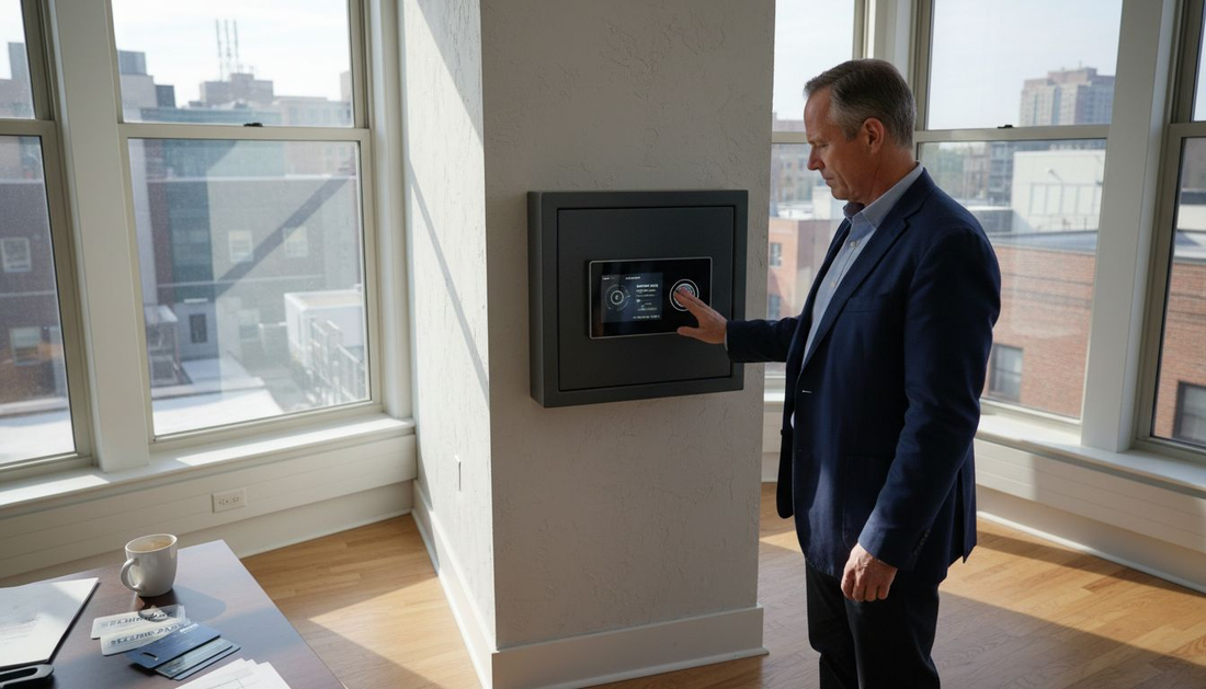 Security manager checking smart safe touchscreen