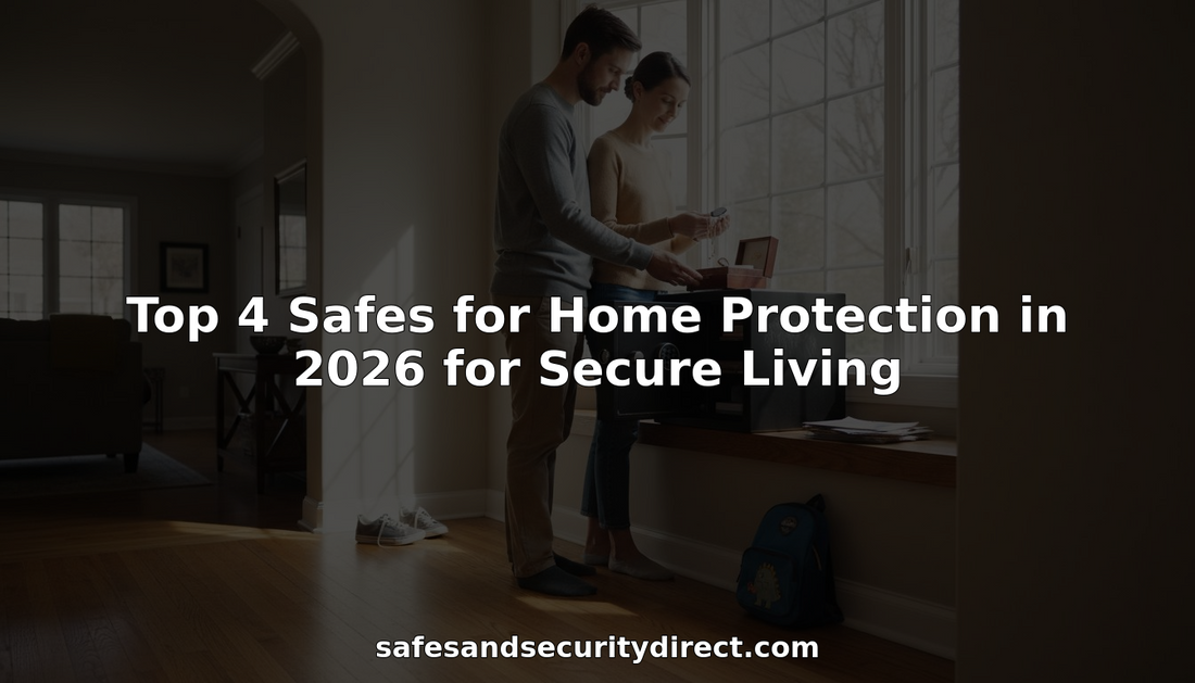 Couple placing valuables into modern biometric home safe