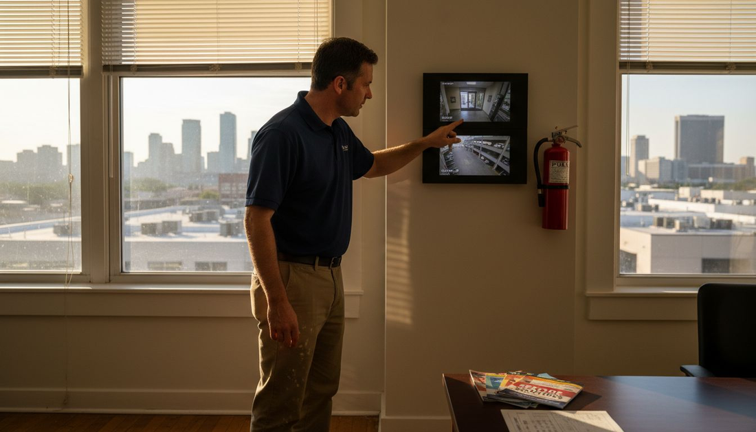 Facilities manager inspecting commercial security panel
