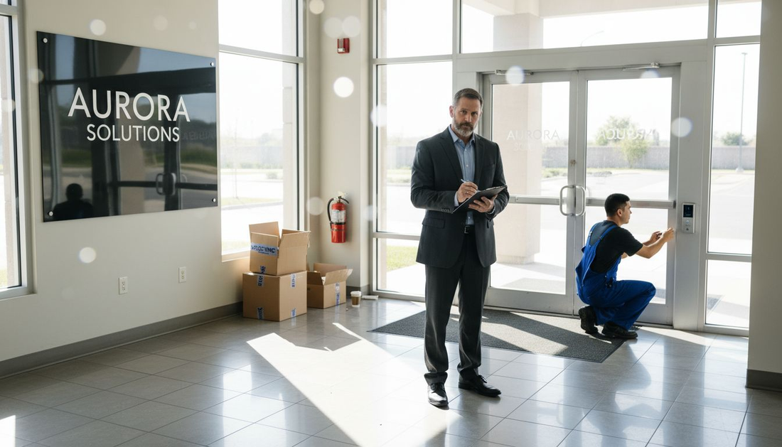 Security consultant inspects building lobby entrance