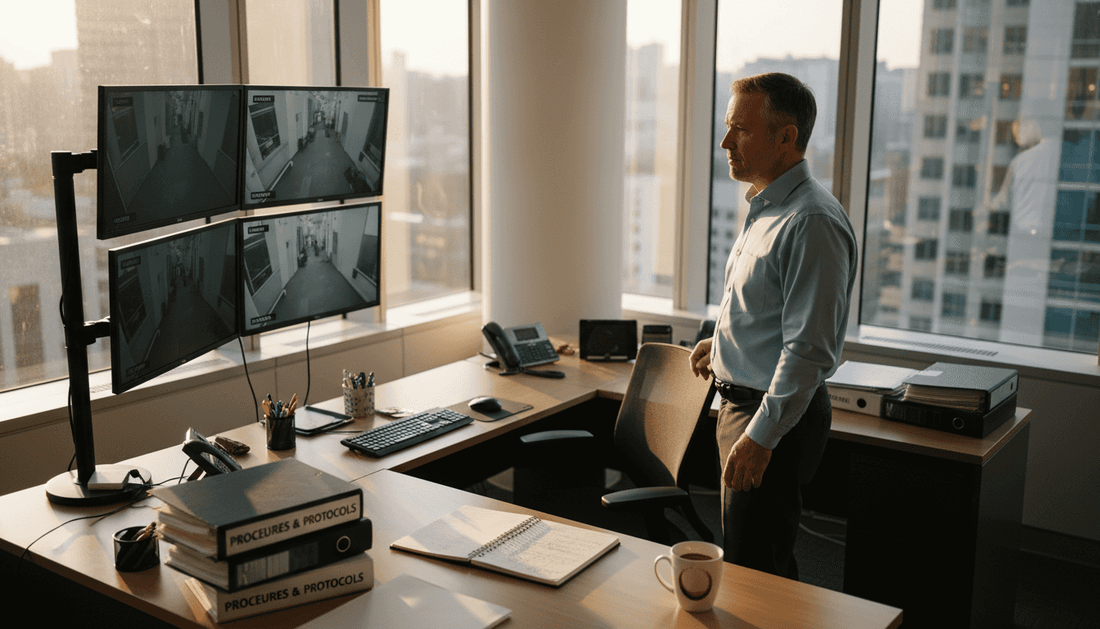 Office manager reviews integrated security monitors