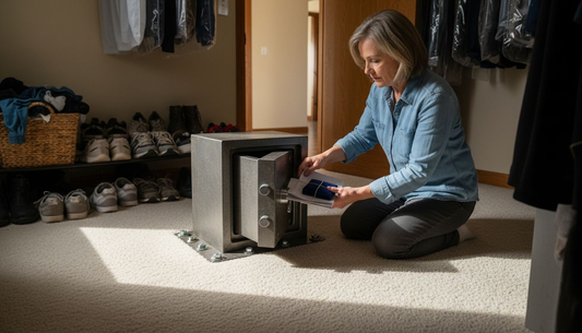 Woman securing valuables in closet floor safe