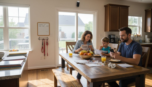 Smart home family checks security notifications