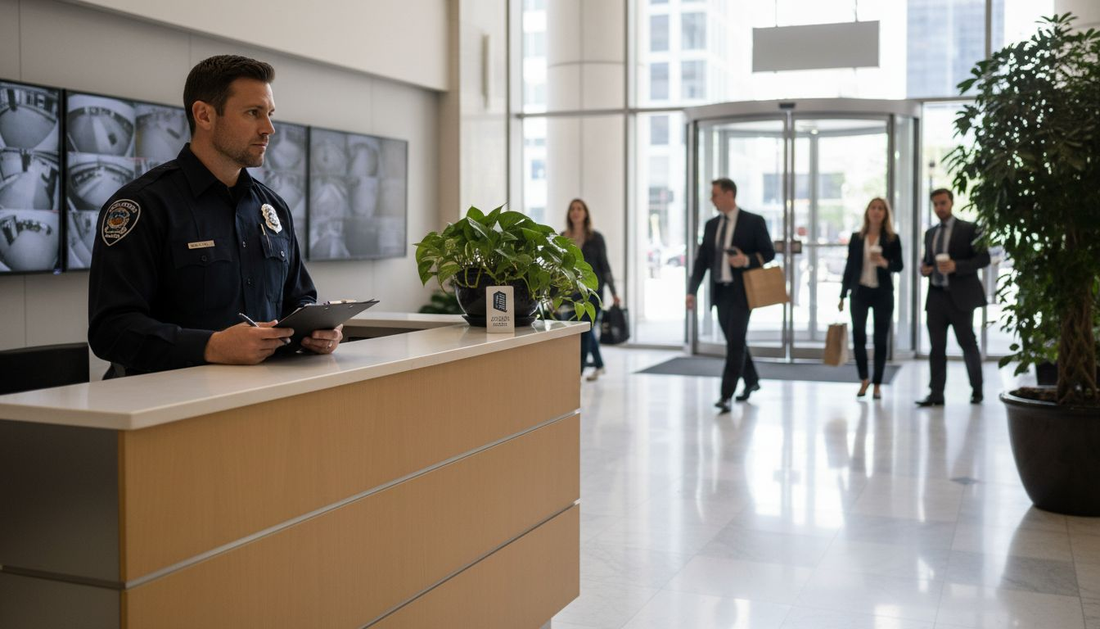 Security officer monitoring lobby and CCTV feeds