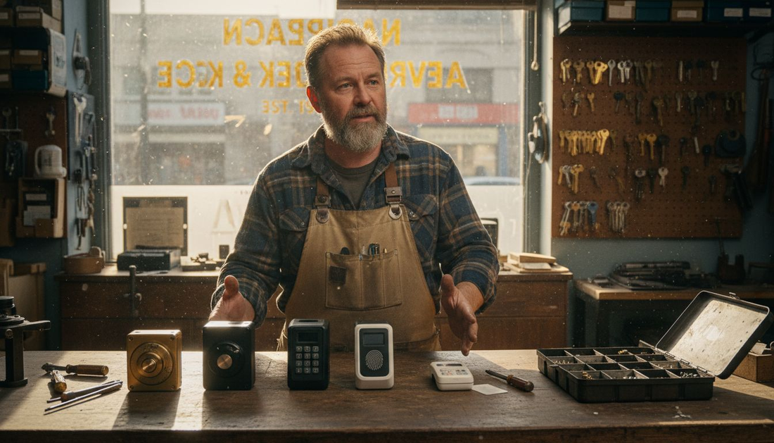Locksmith displaying four types of safe locks
