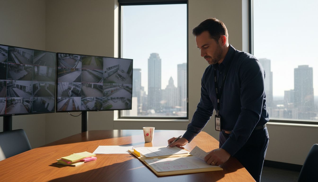 Security manager reviews risk plan in bright office