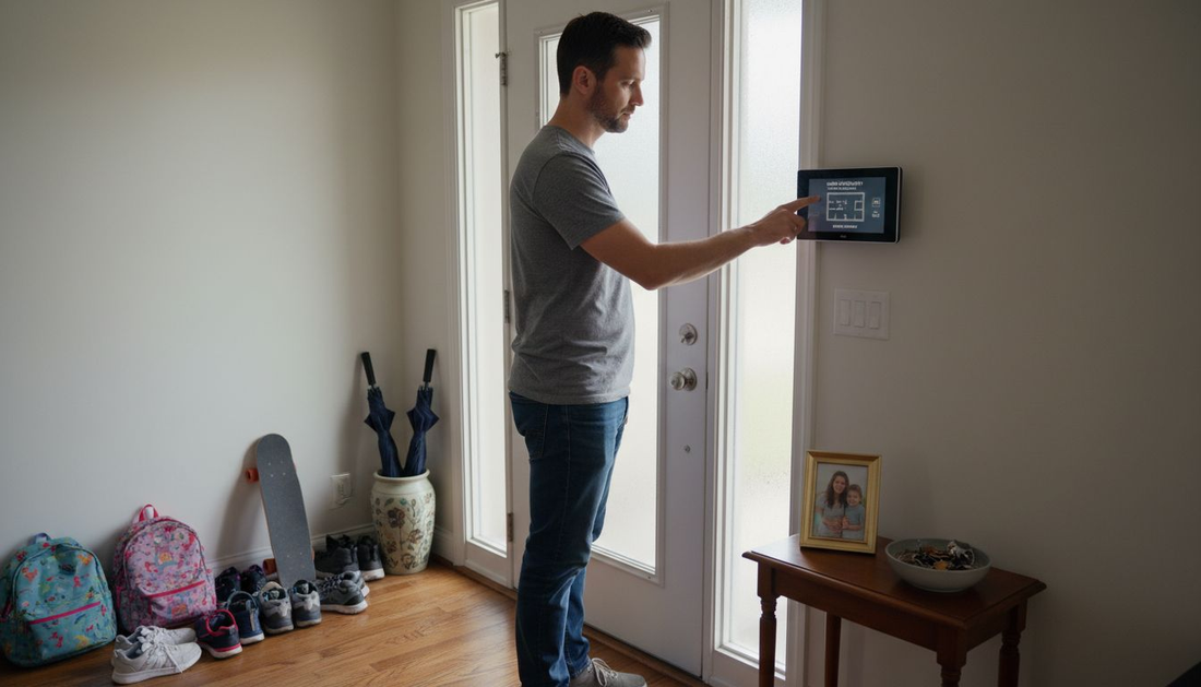 Homeowner using security system touchscreen panel